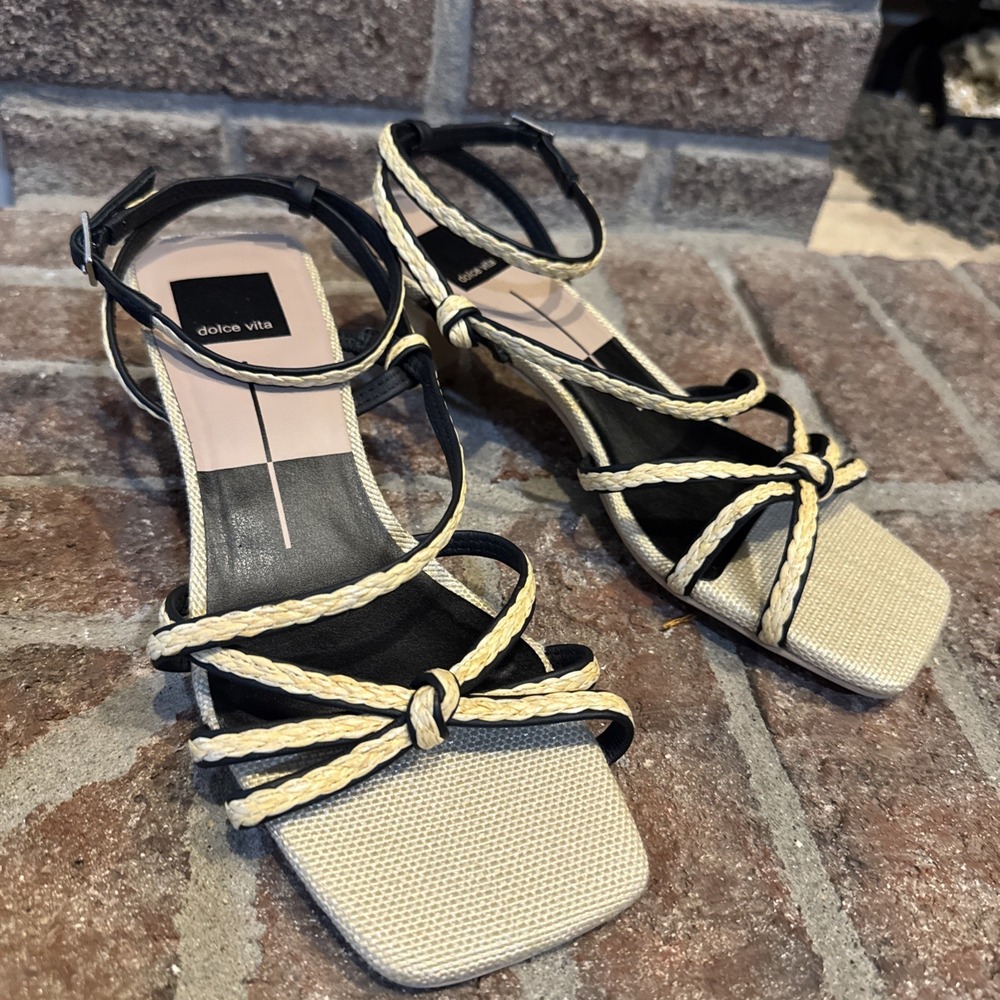 Dolce Vita Bev Braid Heels Black Natural Jute Strappy Sandal Size 7.5